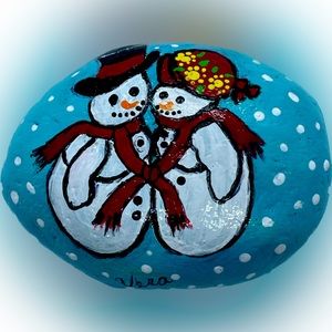 Hand crafted painted Snowman couple blue rock red scarf white snow black hat